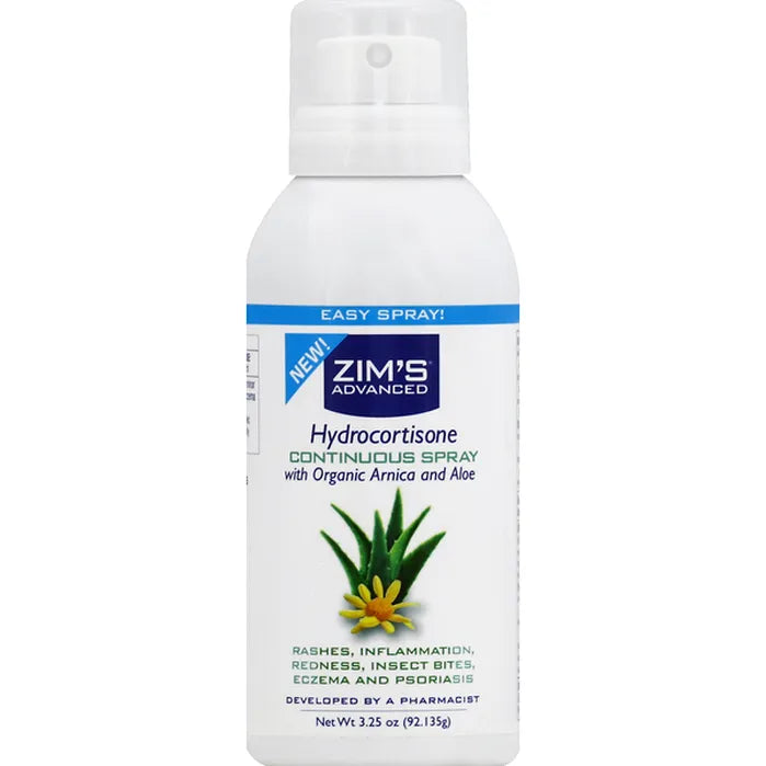 Zim's Hydrocortisone continuous spray bottle, 3.25 oz, in white packaging, used for skin relief and allergy treatment.