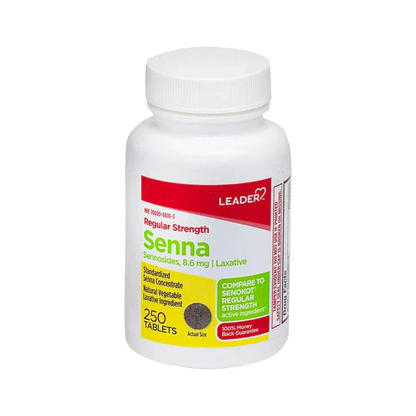 Pasteur Pharmacy Leader Laxative Sennosides 8.6mg tablets, 250 count, close-up view of the bottle and label.