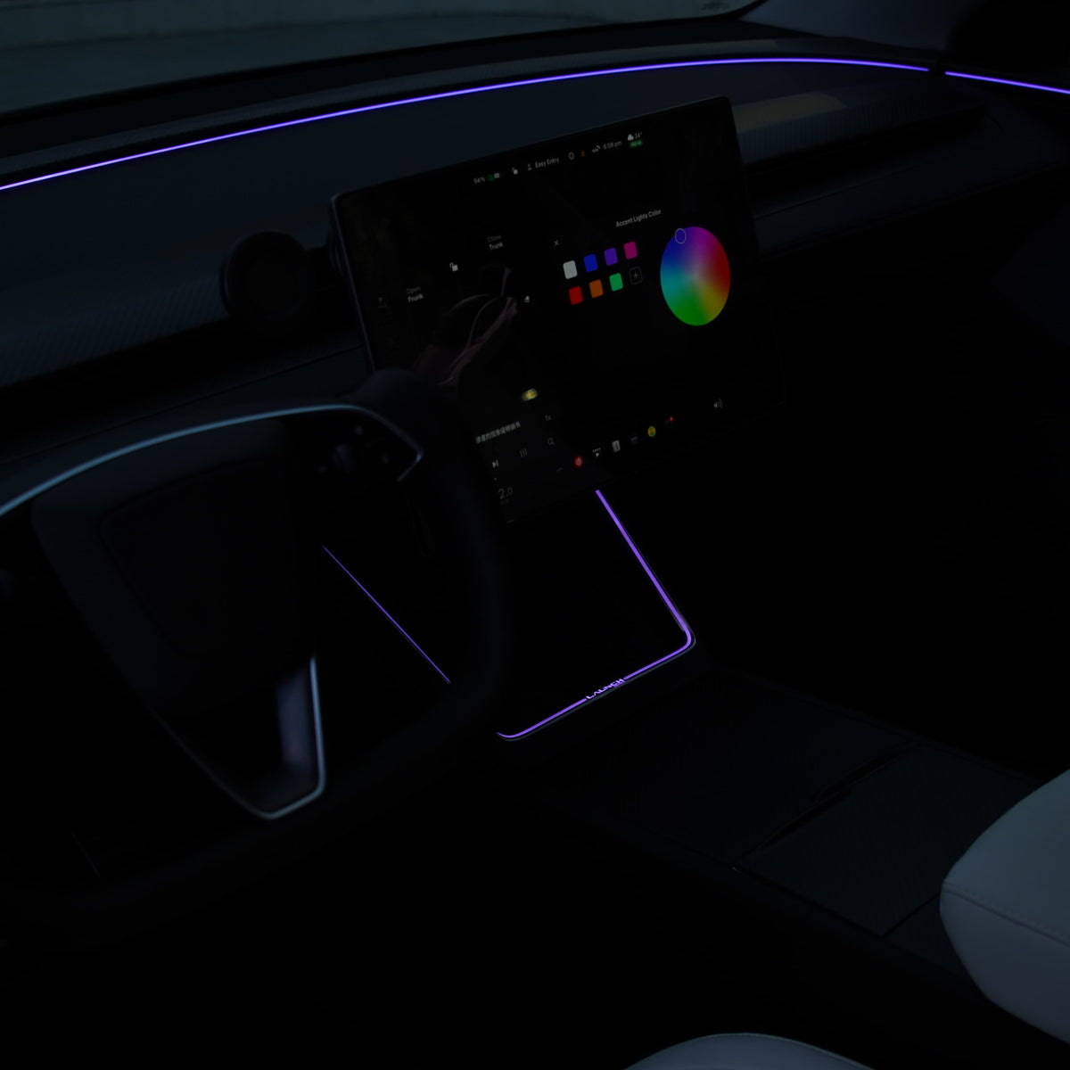 Laser-carved ambient light for Tesla Model Y Juniper with wireless charging port by Tesery, illuminated interior lighting for Model Y.