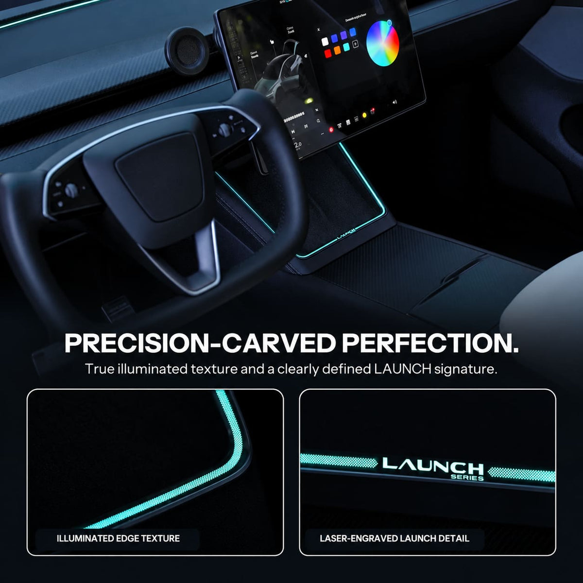 Laser-carved ambient light for Tesla Model Y Juniper with YL wireless charging port, showcasing intricate design and sleek installation.