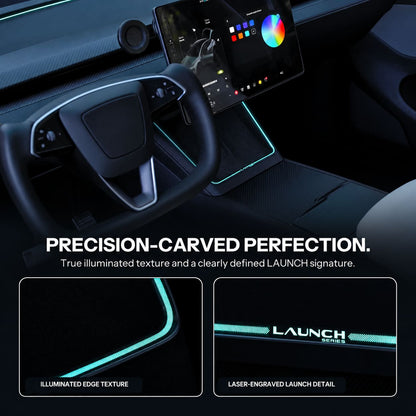 Laser-carved ambient light for Tesla Model Y Juniper with YL wireless charging port, showcasing intricate design and sleek installation.