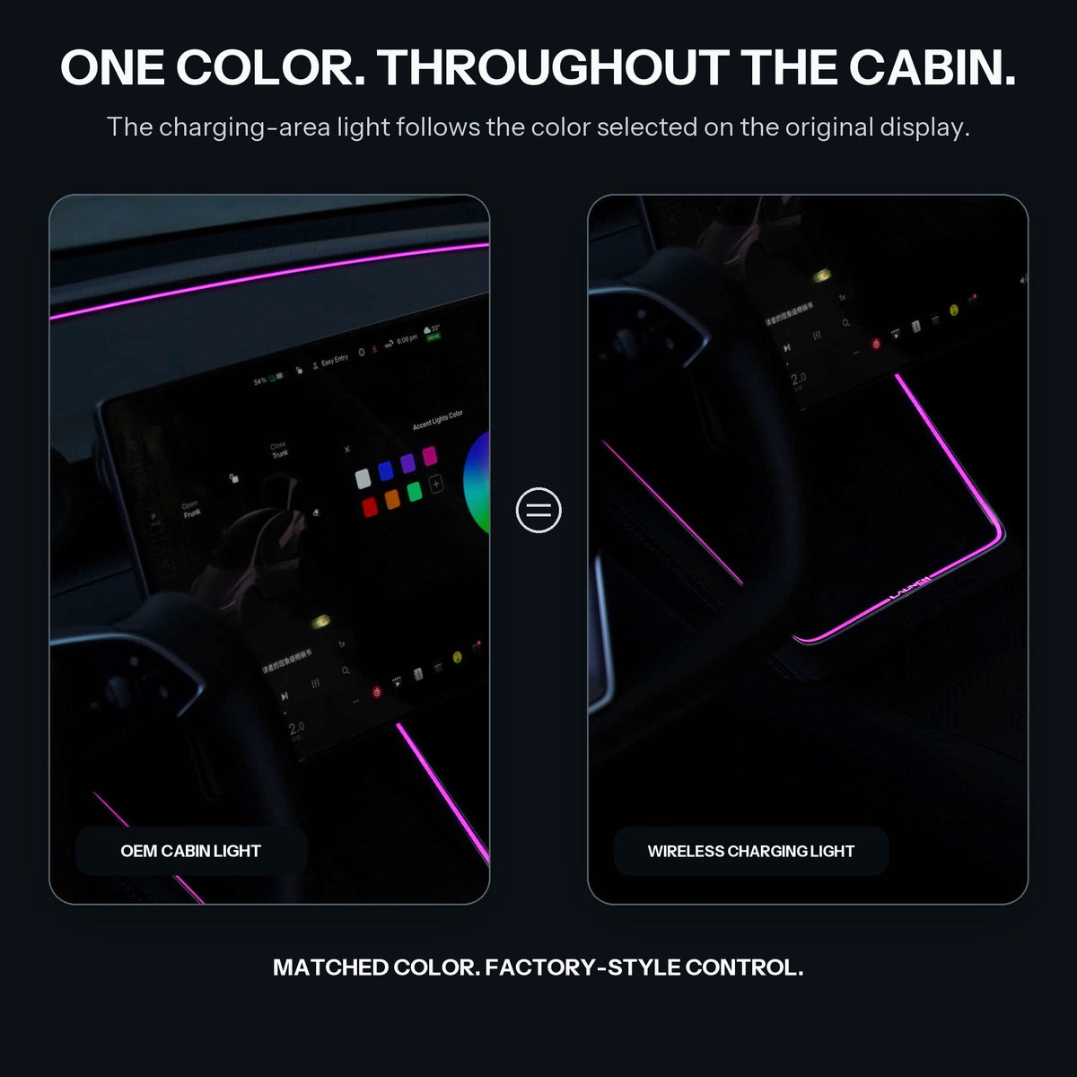 Laser-carved ambient light for Tesla Model Y Juniper YL wireless charging port by Tesery, showcasing detailed LED lighting design.