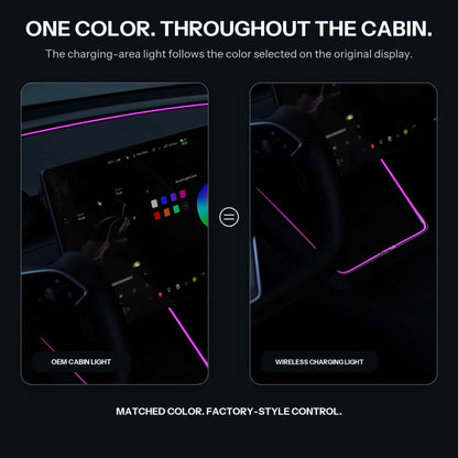 Laser-carved ambient light for Tesla Model Y Juniper YL wireless charging port by Tesery, showcasing detailed LED lighting design.
