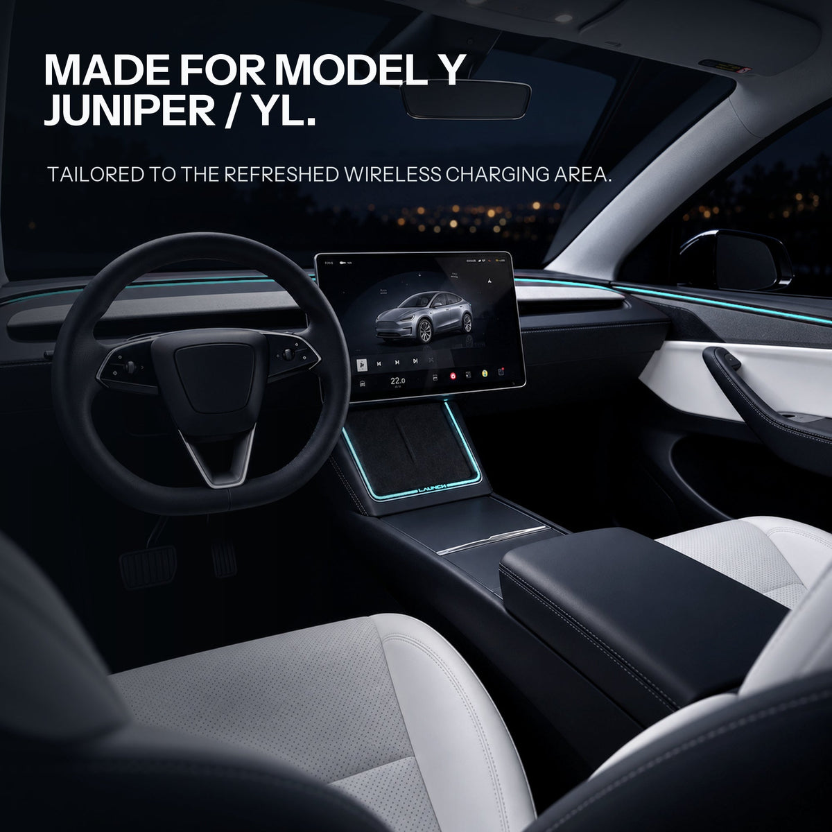 Laser-carved ambient light for Tesla Model Y Juniper with YL wireless charging port by Tesery, showcasing sleek illumination details.