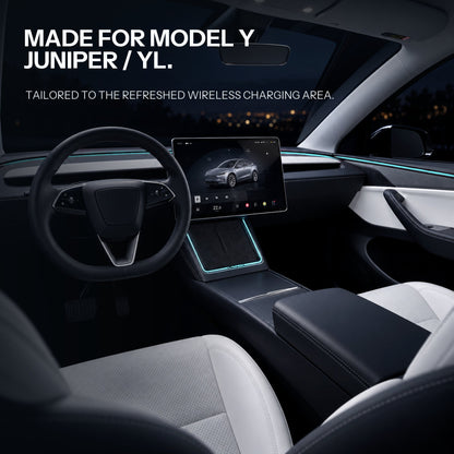 Laser-carved ambient light for Tesla Model Y Juniper with YL wireless charging port by Tesery, showcasing sleek illumination details.
