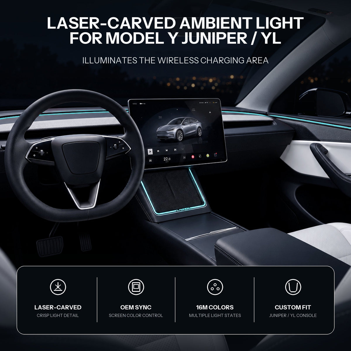Laser-carved ambient light for Tesla Model Y Juniper with YL wireless charging port by Tesery, showcasing elegant illumination design.