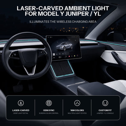 Laser-carved ambient light for Tesla Model Y Juniper with YL wireless charging port by Tesery, showcasing elegant illumination design.