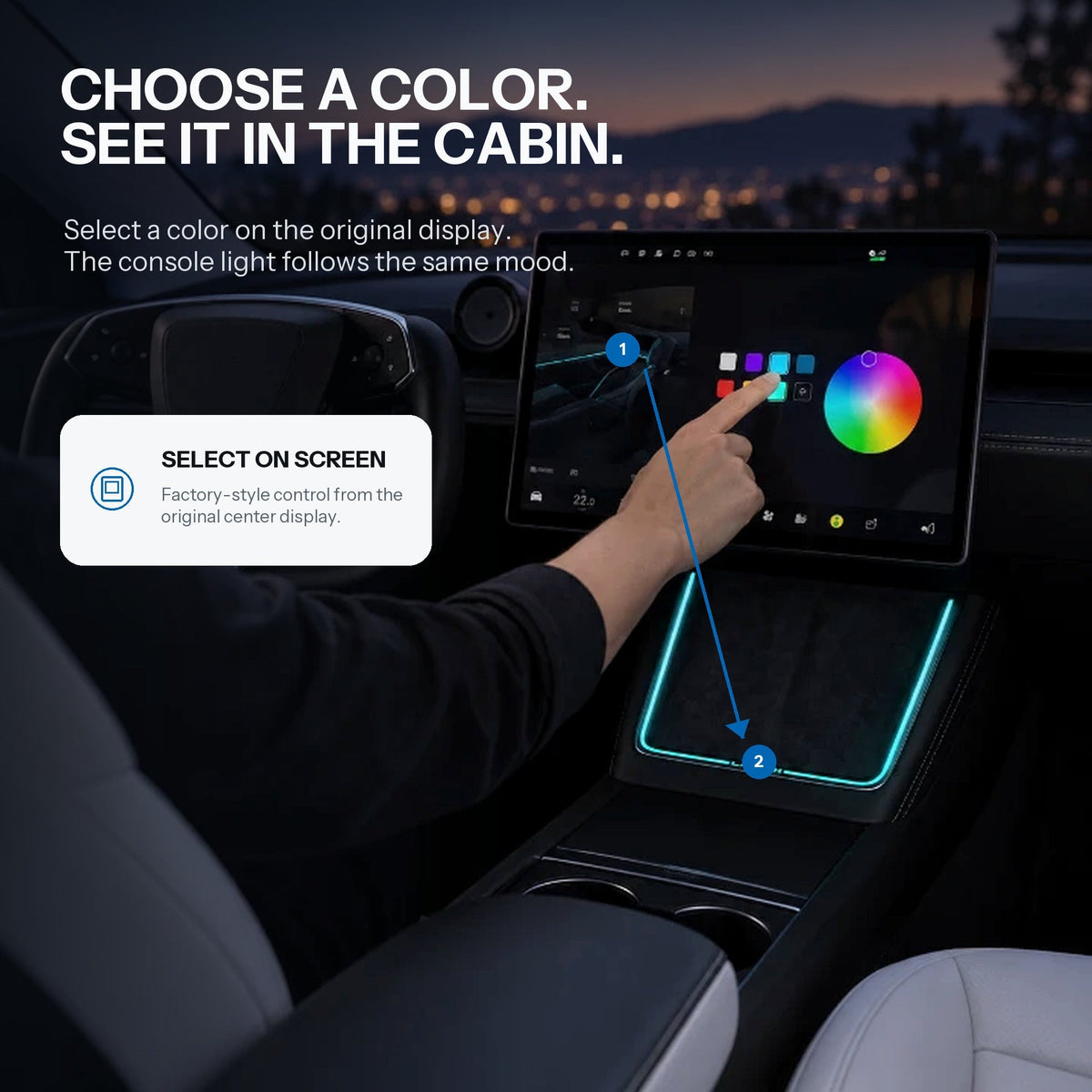 Laser-carved ambient light for Tesla Model Y Juniper, designed for YL wireless charging port, by Tesery Official Store.