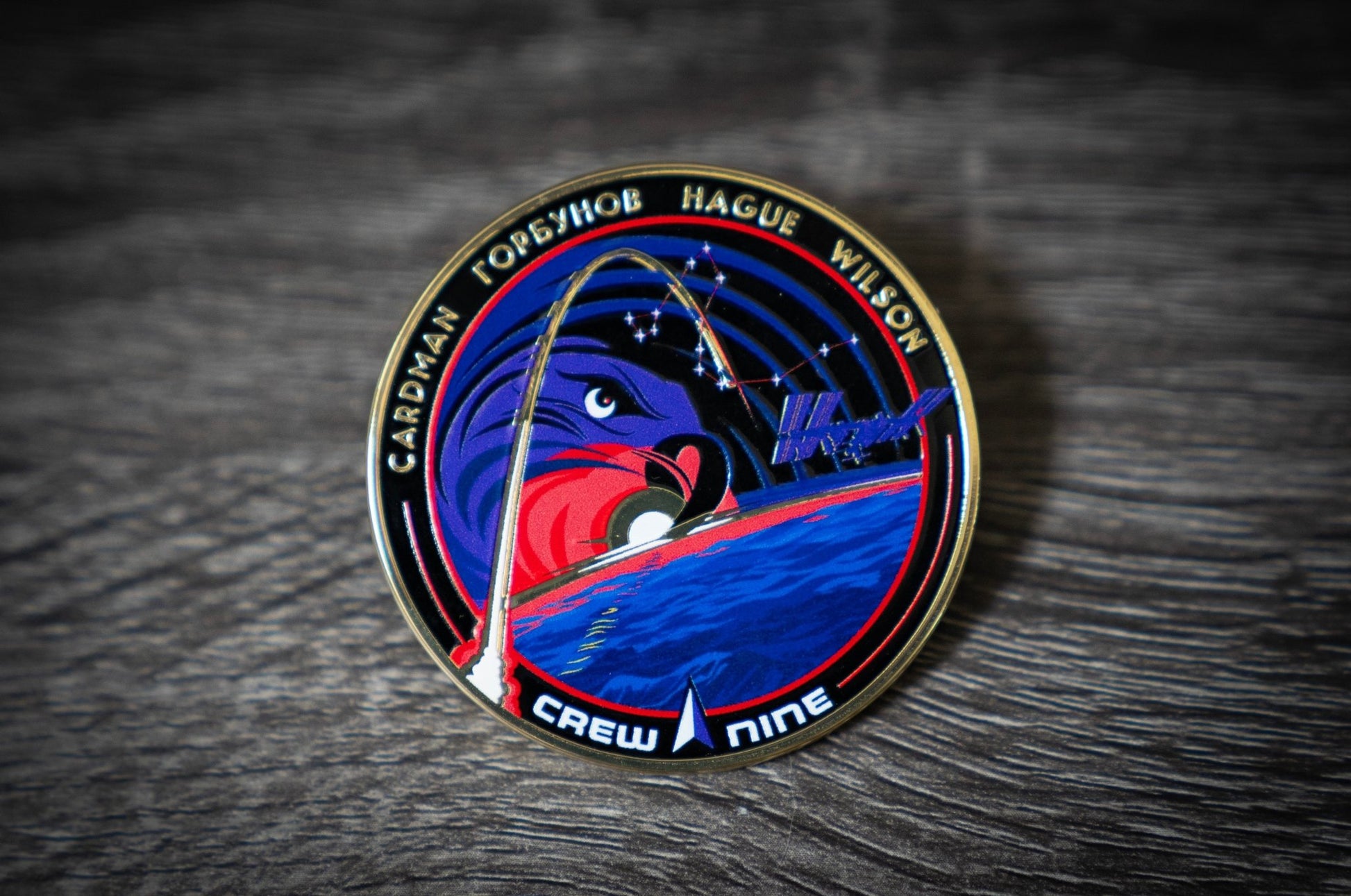 NASA Crew-9 USCV-9 Mission Patch hard enamel pin by Launch Pins, featuring detailed NASA mission emblem and vibrant colors.