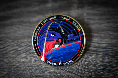 NASA Crew-9 USCV-9 Mission Patch hard enamel pin by Launch Pins, featuring detailed NASA mission emblem and vibrant colors.