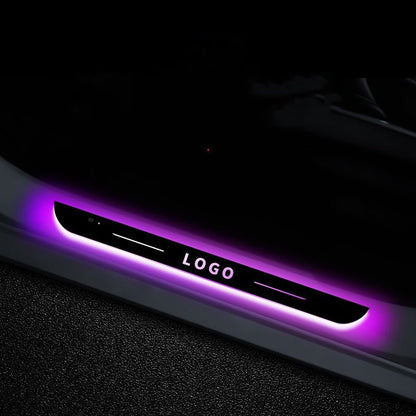 LED illuminated door sill protector for Tesla Cybertruck by Tesery, featuring sleek design and bright lighting for enhanced door protection.