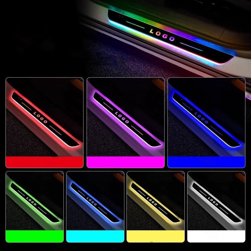 LED illuminated door sill protector for Tesla Cybertruck, featuring sleek design and bright lighting for style and protection.