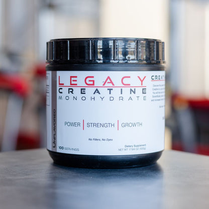 Unflavored Legacy Creatine monohydrate supplement in a container, designed for athletic performance and muscle support.