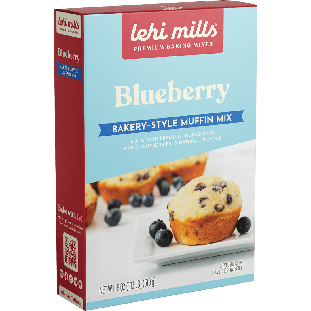 Lehi Mills Blueberry Muffin Mix in 18oz box, a baking mix for fresh blueberry muffins