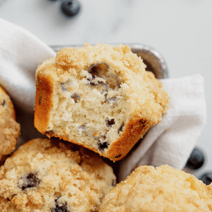 Lehi Mills Blueberry Muffin Mix in 18oz box, baking mix with fresh blueberries and flour for homemade muffins.