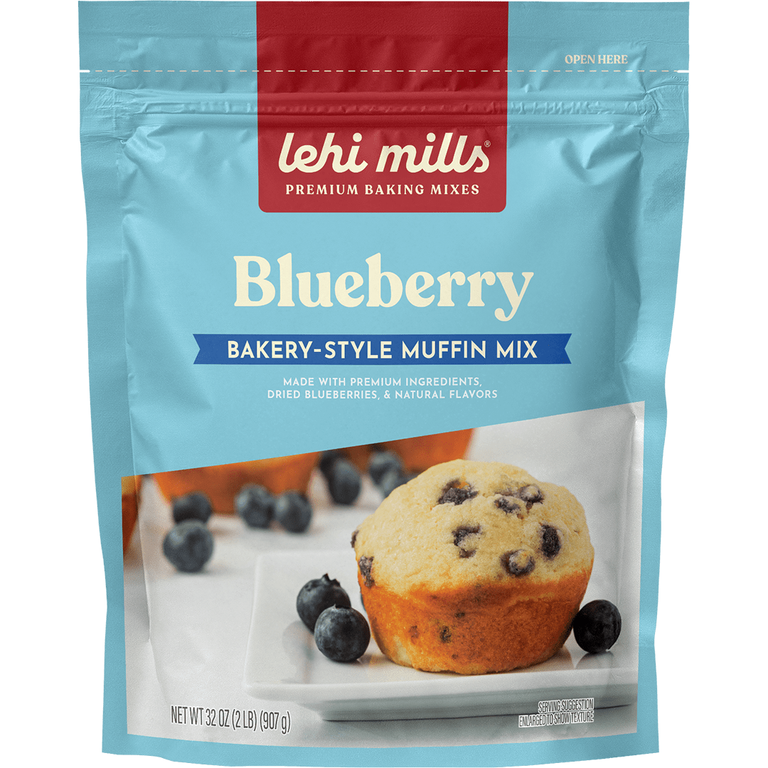 Lehi Mills Blueberry Muffin Mix in 18oz box, baking mix with blueberries for homemade muffins