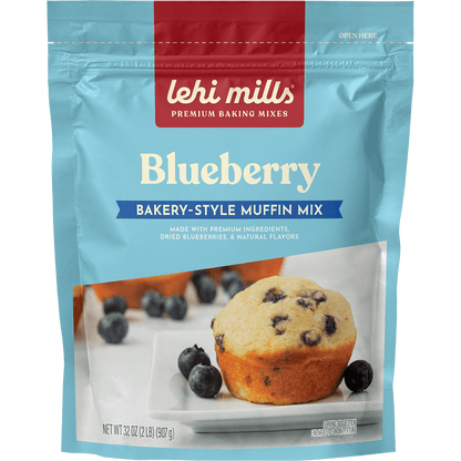 Lehi Mills Blueberry Muffin Mix in 18oz box, baking mix with blueberries for homemade muffins