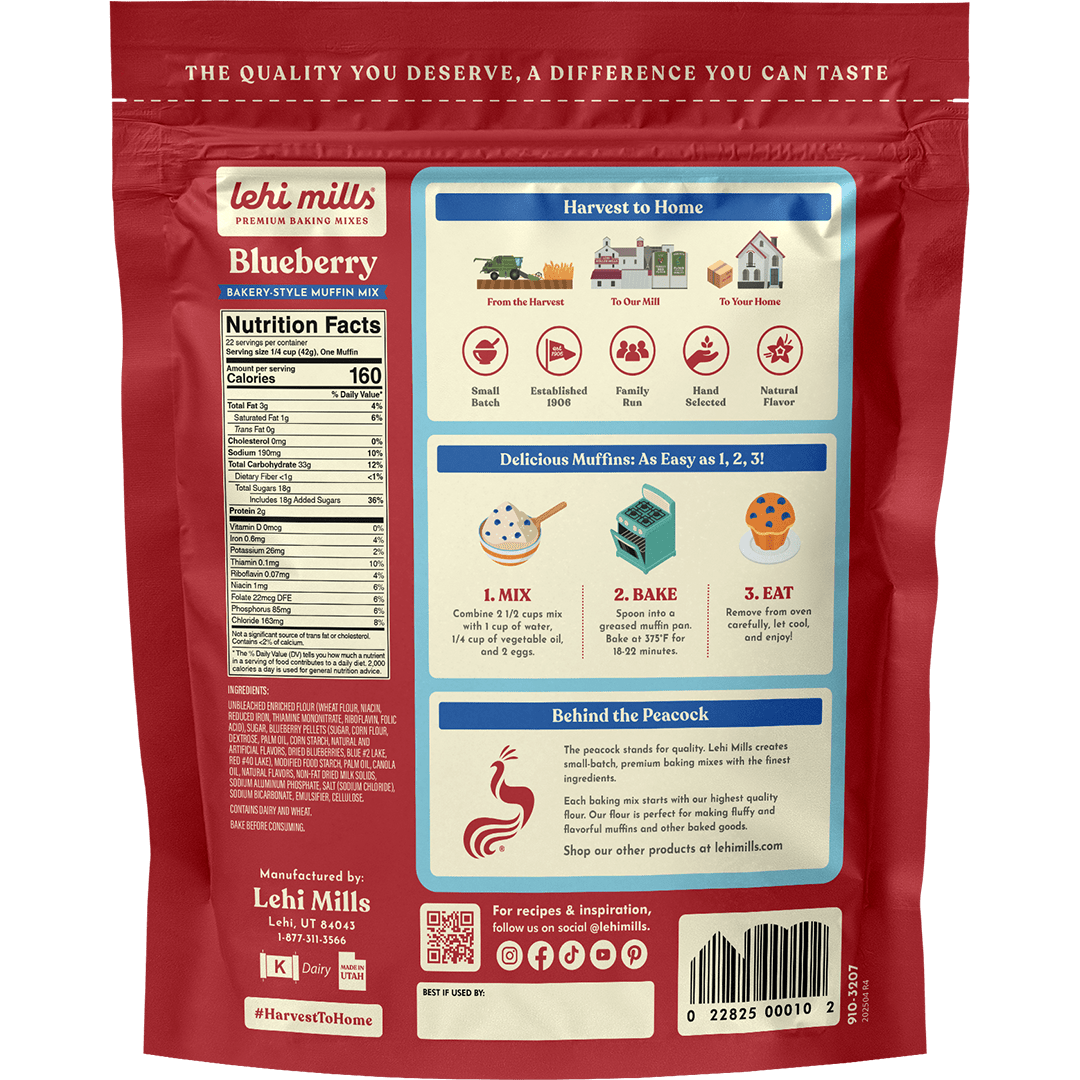 Lehi Mills Blueberry Muffin Mix in 18oz box, baking mix with fresh blueberry flavor, perfect for homemade muffins.