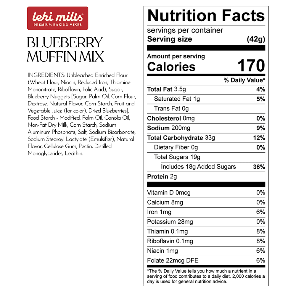 Lehi Mills Blueberry Muffin Mix in an 18oz box, perfect for baking fresh blueberry muffins at home.