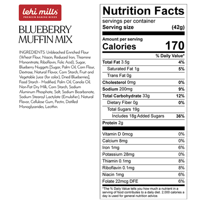 Lehi Mills Blueberry Muffin Mix in an 18oz box, perfect for baking fresh blueberry muffins at home.
