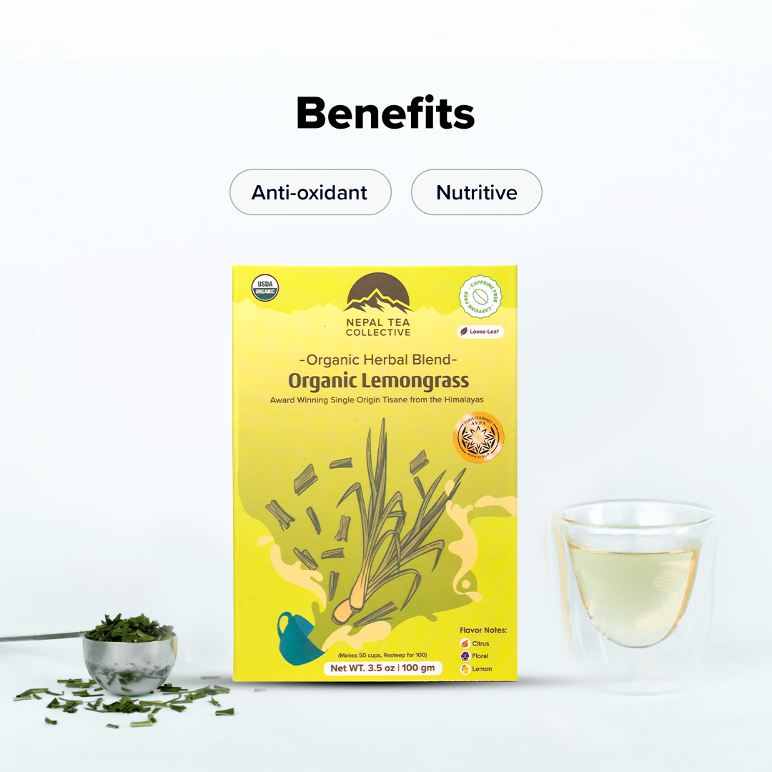 Organic lemongrass blend from Nepal Tea, showing fresh, dried lemongrass stalks used for herbal tea and cooking.