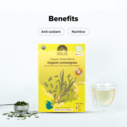 Organic lemongrass blend from Nepal Tea, showing fresh, dried lemongrass stalks used for herbal tea and cooking.