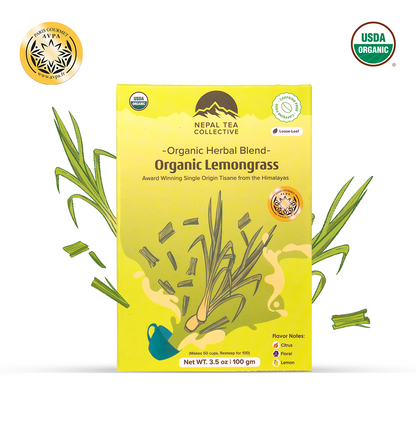 Organic Lemongrass blend from Nepal Tea showing fresh, dried lemongrass stalks with vibrant green leaves and a natural herbal appearance.
