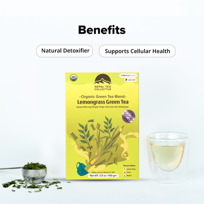 Organic Lemongrass Green Tea blend by Nepal Tea, featuring fresh lemongrass and green tea leaves in a clear glass teapot.
