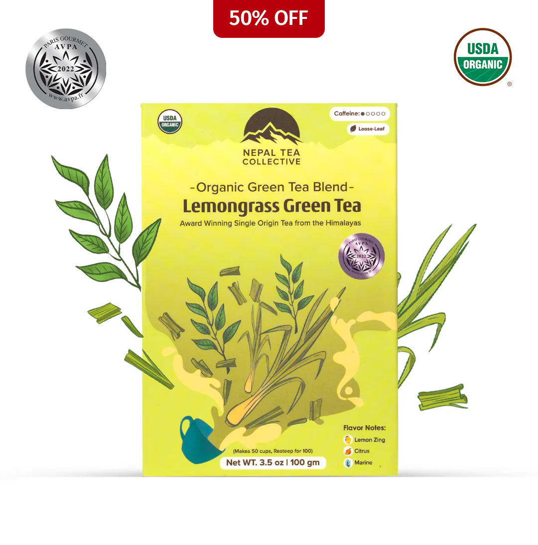 Organic Lemongrass Green Tea blend by Nepal Tea, featuring fresh lemongrass and green tea leaves in a natural setting.