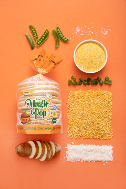 Kim's Magic Pop Chickpea and Lentil Pops combo, crispy snack with chickpeas and lentils, in colorful packaging.