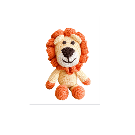 Mini Leo the lion stuffed animal by Bebemoss, handmade organic cotton toy with a friendly lion face and soft, plush texture.