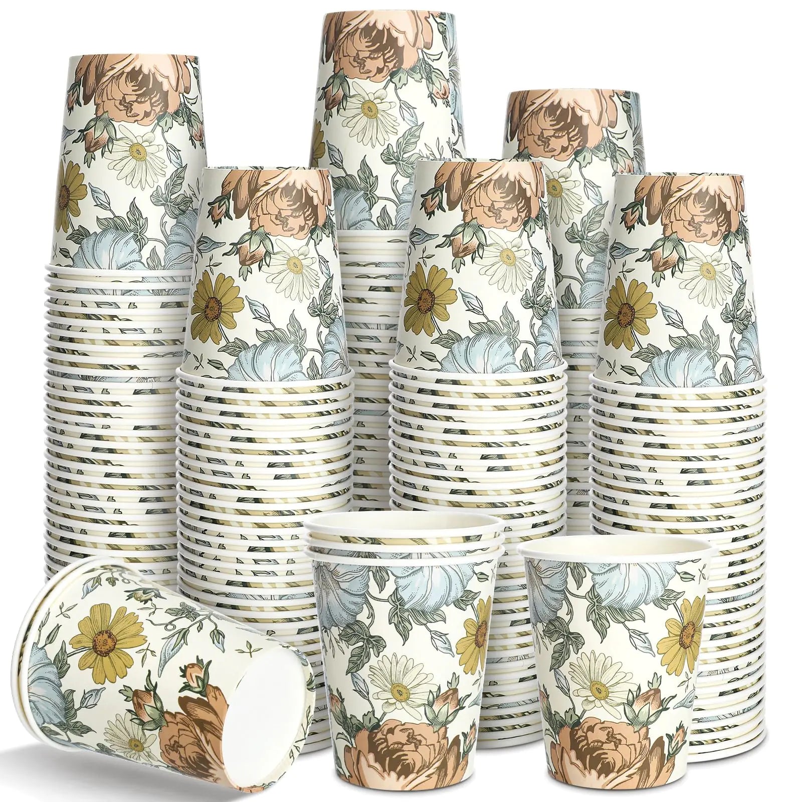 Ziliny 100 Pcs Vintage Wildflower Paper Cups 9 oz Disposable Cups Floral Coffee Cups Cold Beverage Drinking Cups for Birthday Baby Shower Tea Party Bridal Shower Party Supplies (Vintage Floral)