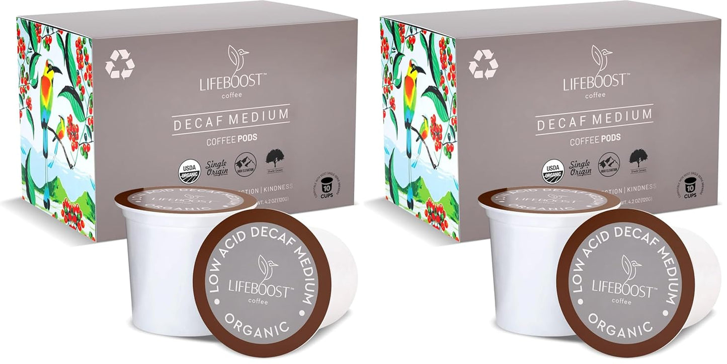 Lifeboost Medium Roast Low Acid Coffee K cups, single origin, mold-free, non-GMO, organic coffee pods compatible with Keurig machines.