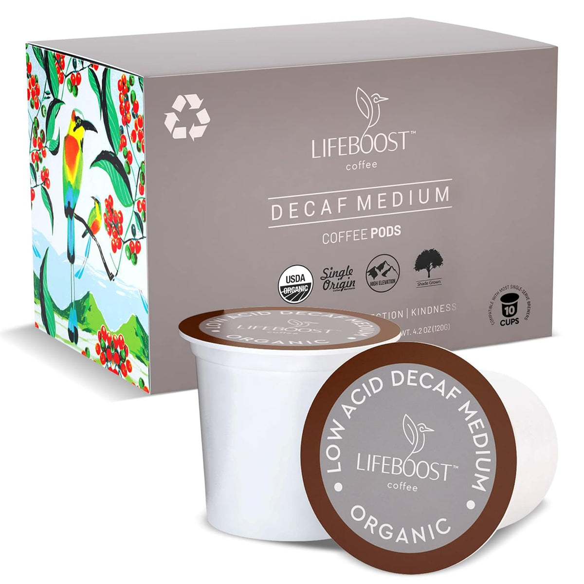 Lifeboost Medium Roast Low Acid Coffee K-Cups, single origin, mold-free, non-GMO organic coffee pods compatible with Keurig machines.