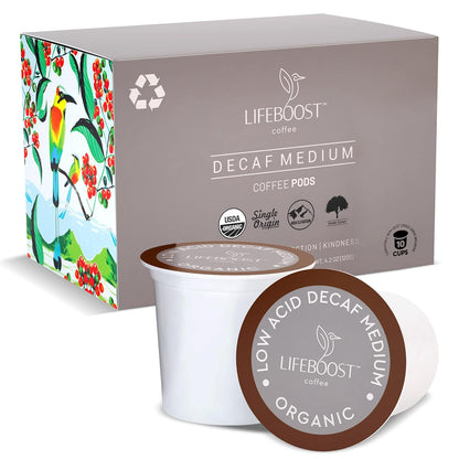 Lifeboost Medium Roast Low Acid Coffee K-Cups, single origin, mold-free, non-GMO organic coffee pods compatible with Keurig machines.