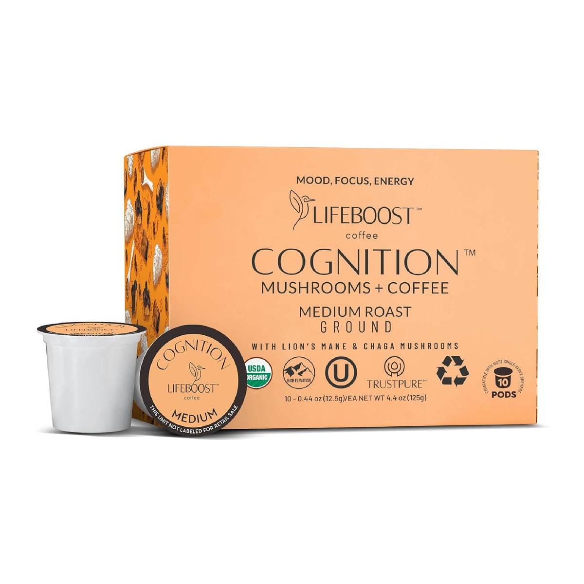 Lifeboost Medium Roast Low Acid Coffee K-Cups, single origin organic coffee pods compatible with Keurig machines, 10 count.