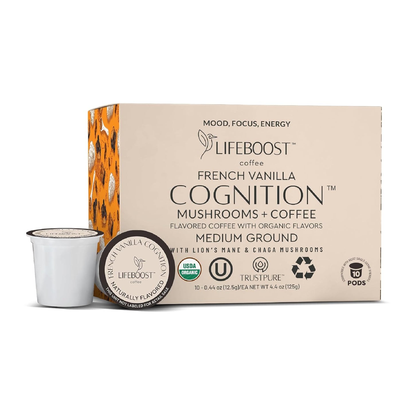 Lifeboost Medium Roast Low Acid Coffee K-Cups, single origin, mold-free, non-GMO organic coffee pods for Keurig machines, 10-pack.
