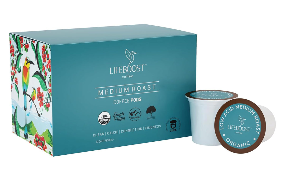 Lifeboost Medium Roast Low Acid Coffee K-Cups, single origin, mold-free, non-GMO organic coffee pods for Keurig machines, 10-pack.