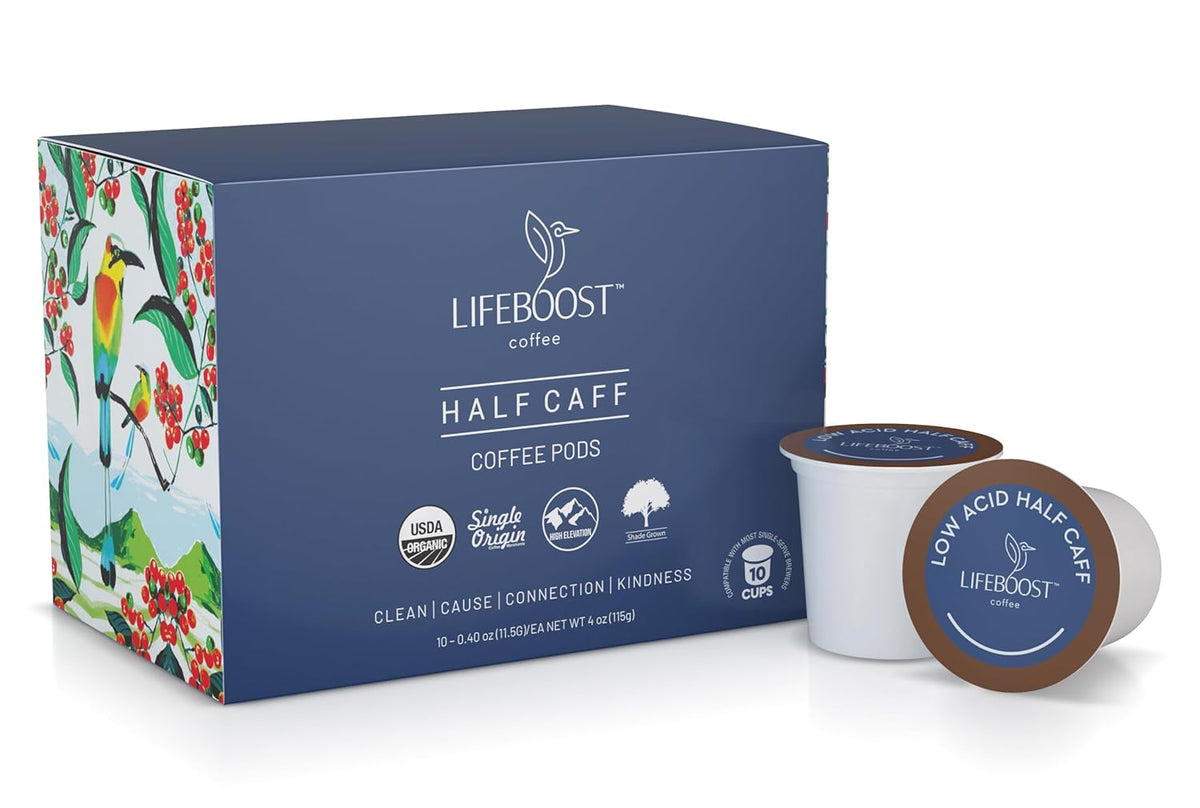 Lifeboost Medium Roast Low Acid Coffee K-Cups, single origin, organic, mold-free, non-GMO, compatible with Keurig machines, 10-pack.
