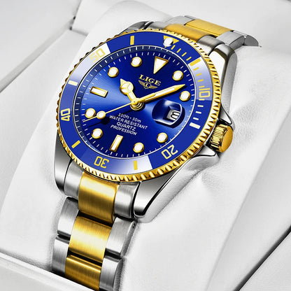 LIGE men's luxury diver watch with gold and black design, 30ATM waterproof, date display, quartz movement, sport style wristwatch
