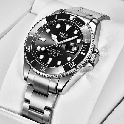LIGE luxury men's diver watch with gold and black design, 30ATM waterproof, date display, quartz movement, sporty style.