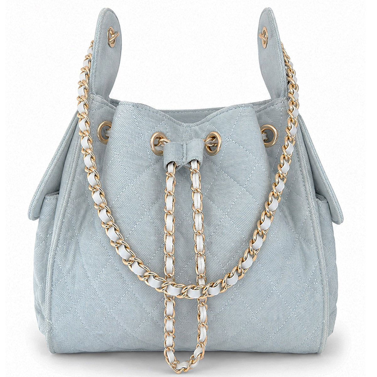 Medium Bayshore Bucket Bag by BEACH HAUS in light wash denim, showing the spacious bag with denim texture and stylish design.
