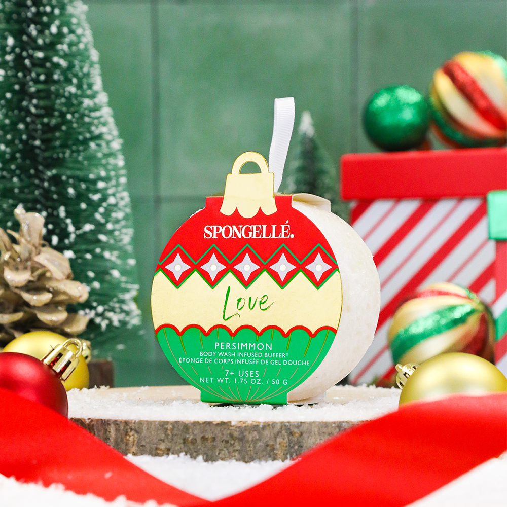 Spongellé Love Persimmon holiday ornament body wash infused buffer hanging with festive decorations