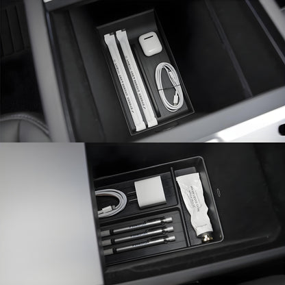 Tesla Model Y lower center console storage organizer in Juniper finish, designed for Model Y 2026+ for organized interior storage.
