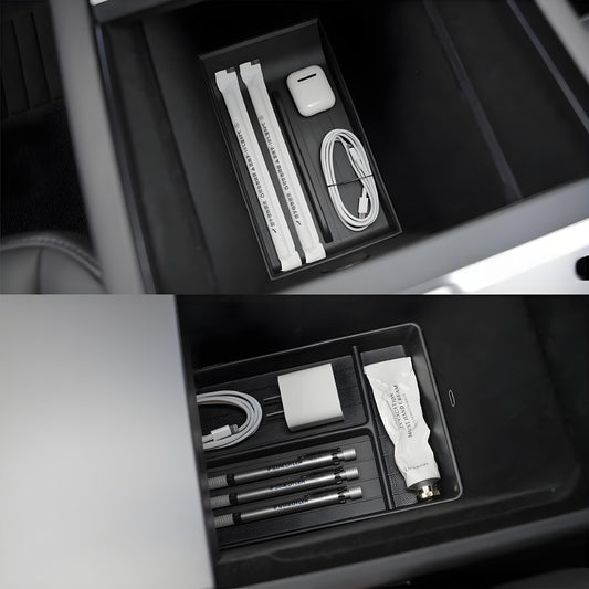 Tesla Model Y lower center console storage organizer in Juniper finish, designed for Model Y 2026+ for organized interior storage.