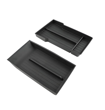 Tesla Model Y lower center console storage organizer by Tesery, designed for Juniper and 2026+ models, keeps essentials neat.