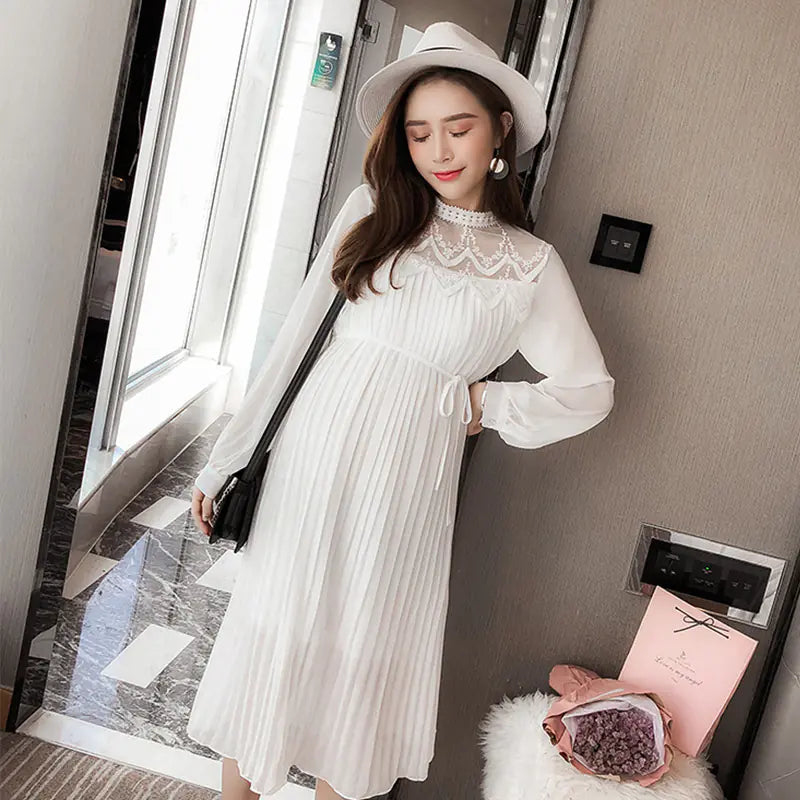 Chic Maternity Dress - Long Sleeve Pleated Chiffon