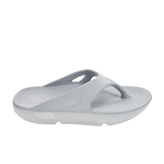Light grey Sovella Active Recovery Women's PF Thong sandals from Lucky Feet Shoes, featuring cushioned sole and ergonomic design.
