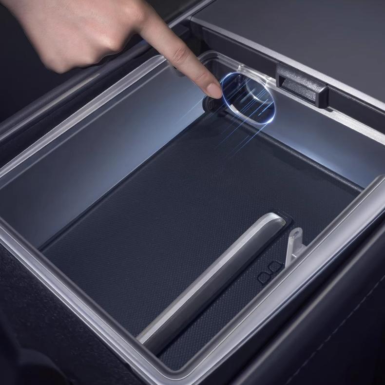 Luminous center console storage organizer for Tesla Model Y Juniper and Model 3 Highland, 2-piece set by Tesery.