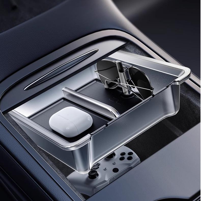Luminous center console storage organizer for Tesla Model Y Juniper and Model 3 Highland, 2-piece set, fits inside car console.